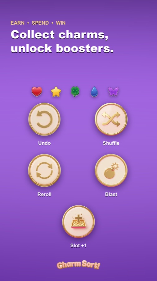 Charm Sort! boosters — Undo, Shuffle, Reroll and Blast